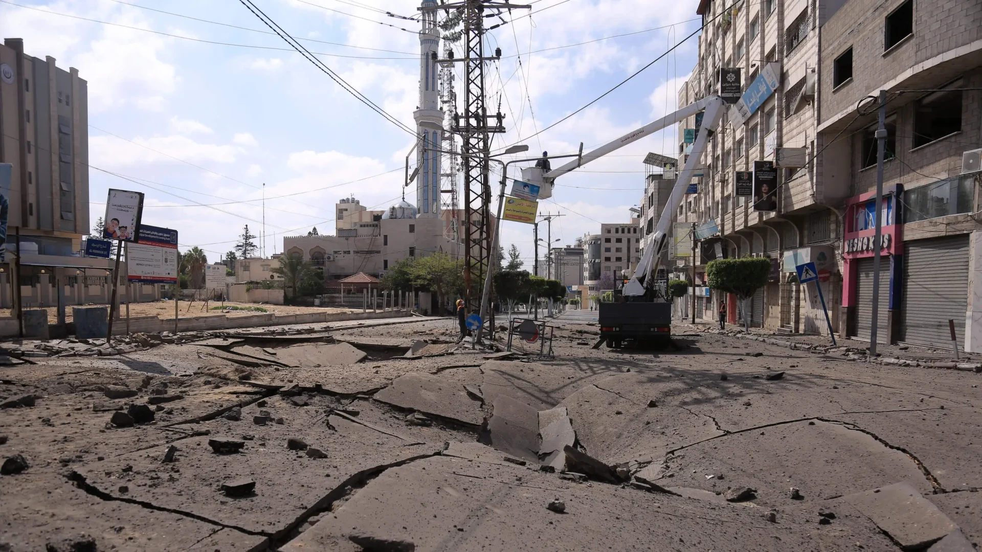 A general view of destruction in Gaza after Israeli bombing, showcasing damaged buildings and debris scattered across the streets.