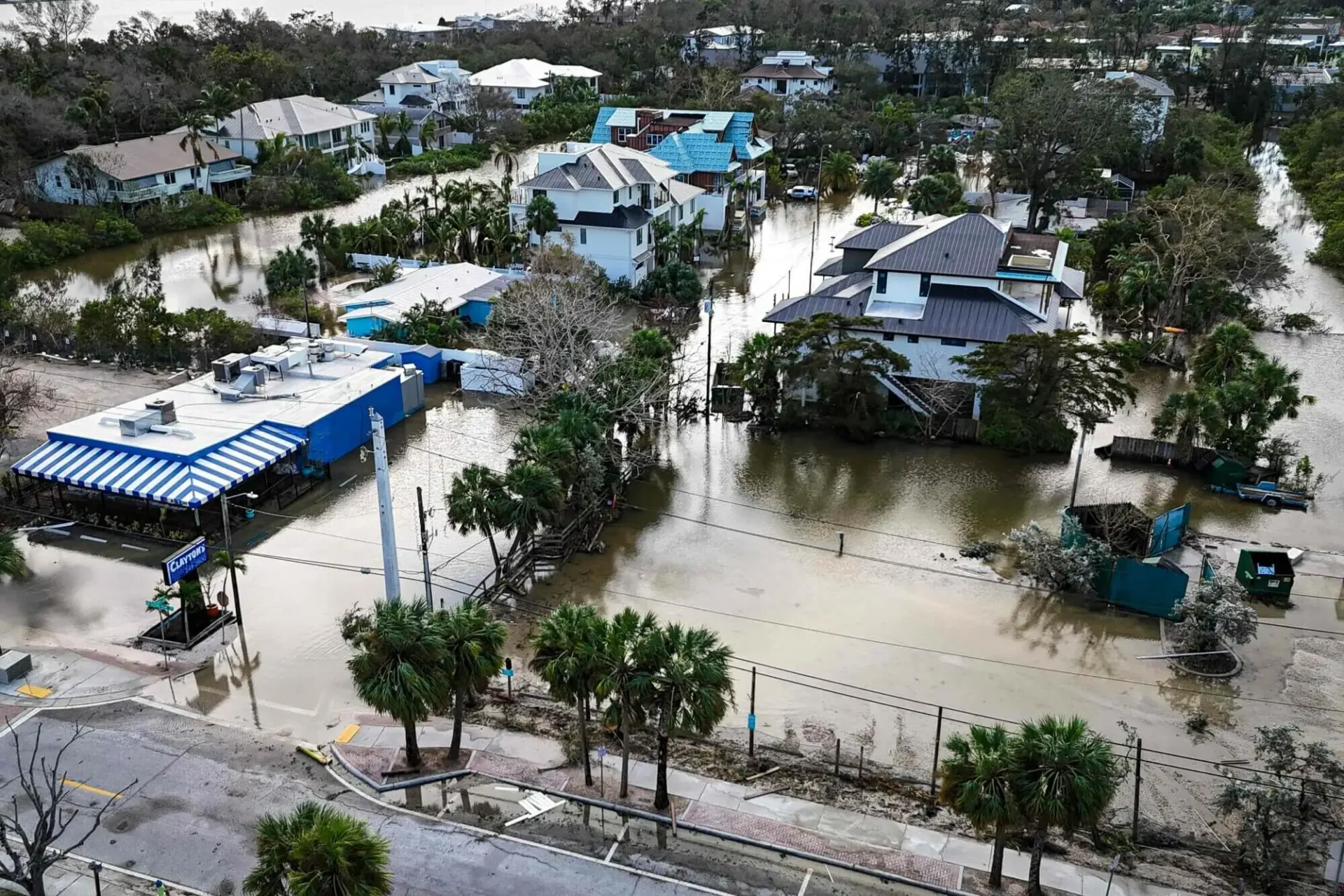 A drone image shows a flooded street caused by Hurricane Milton in Siesta Key, Florida, on October 10.