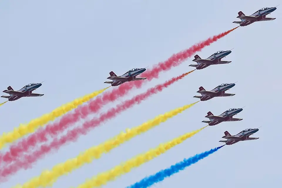 PLA Air Force's Red Falcon aerobatic team performing at the China International Aviation and Aerospace Exhibition in Zhuhai, China, November 12, 2024.