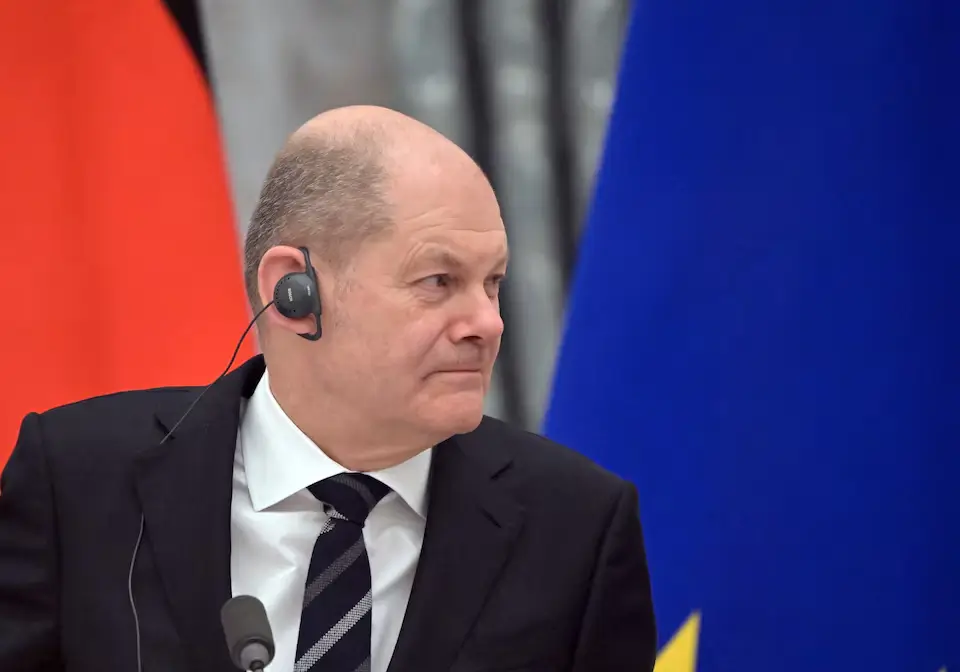 German Chancellor Olaf Scholz at a joint news conference with Russian President Vladimir Putin in Moscow, Russia, Feb 15, 2022.