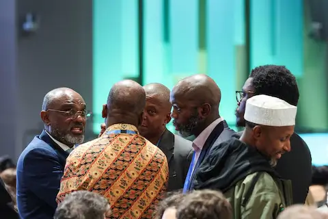 Adonia Ayebare, Chair of the G77 group, attends the COP29 closing plenary on climate finance in Baku, Azerbaijan, November 24, 2024.