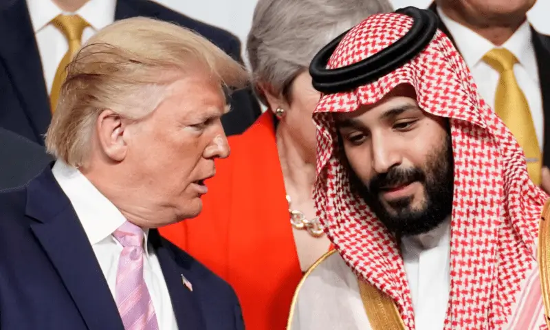 US President Donald Trump speaks with Saudi Crown Prince Mohammed bin Salman at the G20 summit in Osaka, June 2019.