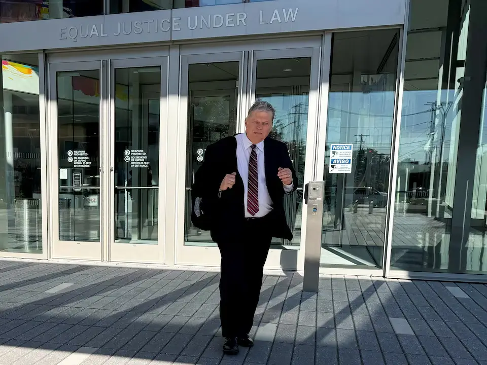 Erick Kaardal leaves the federal courthouse in Harrisburg, Pennsylvania, on October 18, 2024, following a lawsuit hearing.