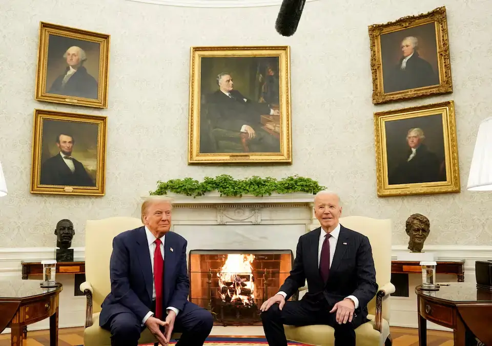 U.S. President Joe Biden and President-elect Donald Trump meet in the Oval Office at the White House.