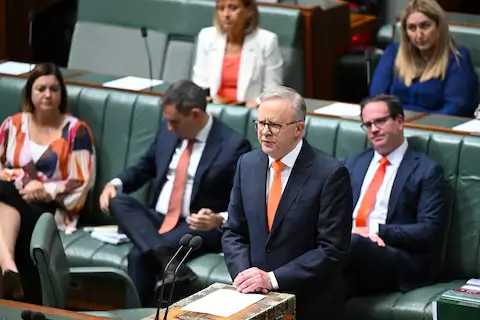 Australian Prime Minister Anthony Albanese addresses the Online Safety Amendment Bill in the House of Representatives in Canberra.