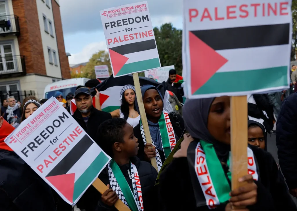 Protesters gather outside the Israeli embassy in Dublin, Ireland, during a pro-Palestinian march in solidarity with Gaza