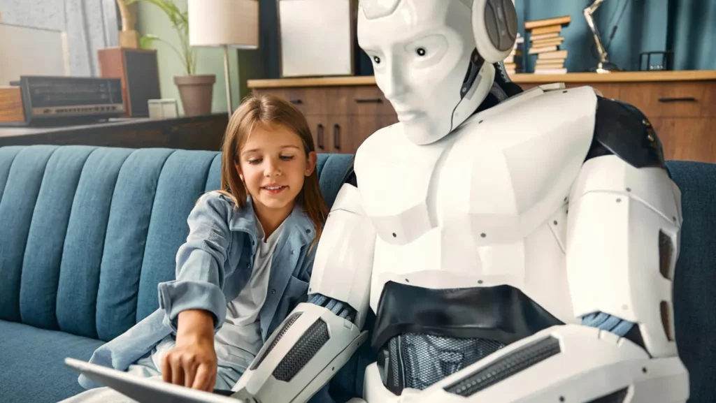 A young girl in blue clothing sitting on a blue couch with a humanoid robot, both looking at a tablet device together in a home setting.