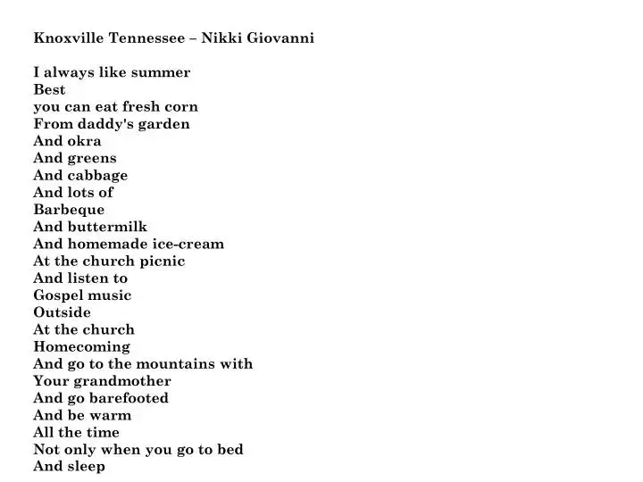 visual representation of Nikki Giovanni's poem "Knoxville, Tennessee" with imagery reflecting her childhood in Tennessee.