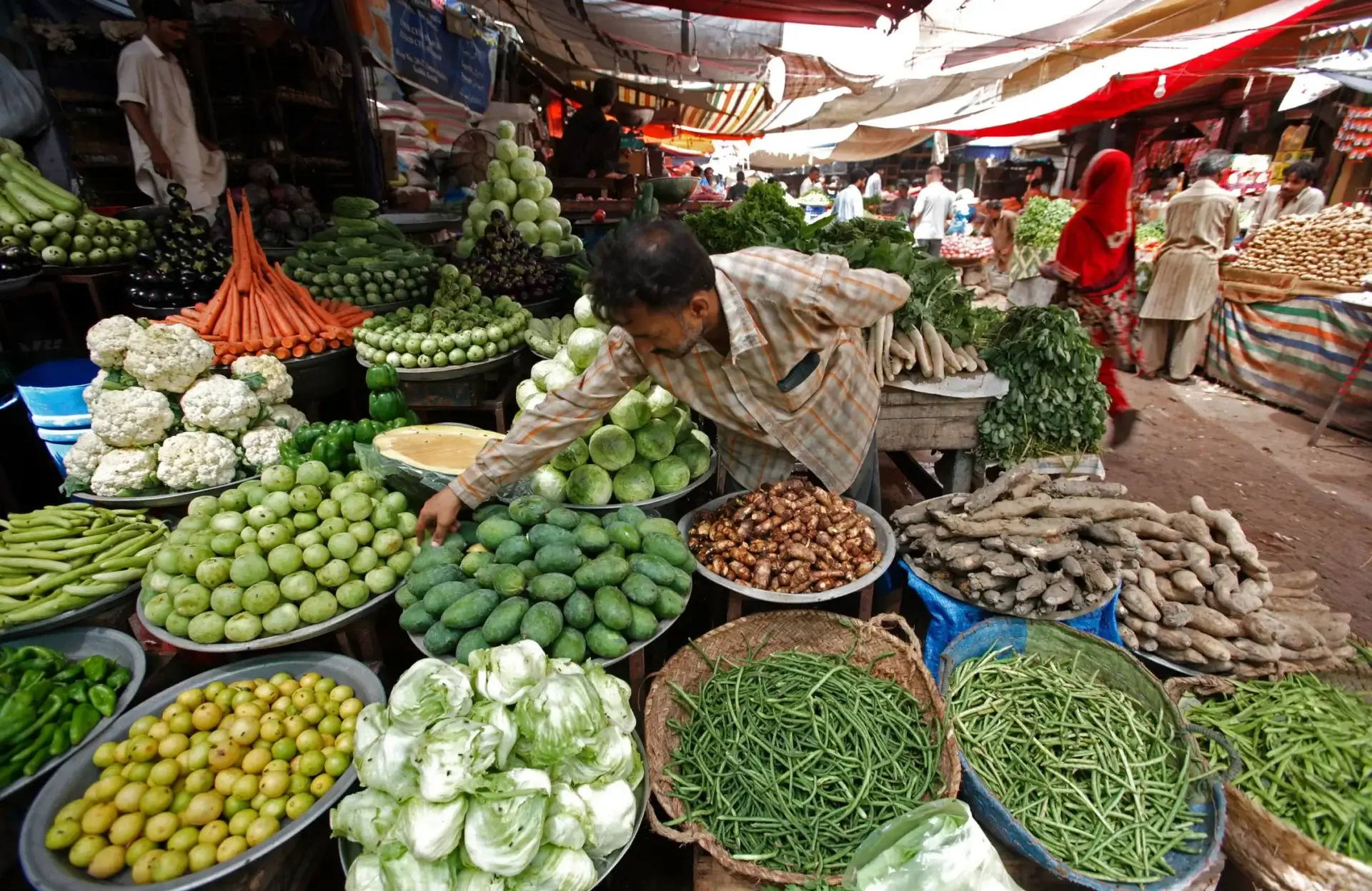 Bustling Pakistani market overflowing with diverse produce amid 4.9% inflation rate.