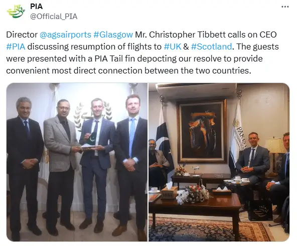 PIA officials meeting with Christopher Tibbett from AGS Airports Glasgow to discuss UK flight resumption.