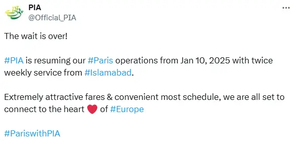 PIA's tweet announcing the resumption of Paris flights from Islamabad starting January 10, 2025.