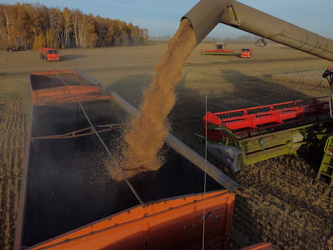 A drone view shows a combine loading wheat into a truck during harvesting in the Cherlaksky district of the Omsk region, Russia, on October 4, 2024.