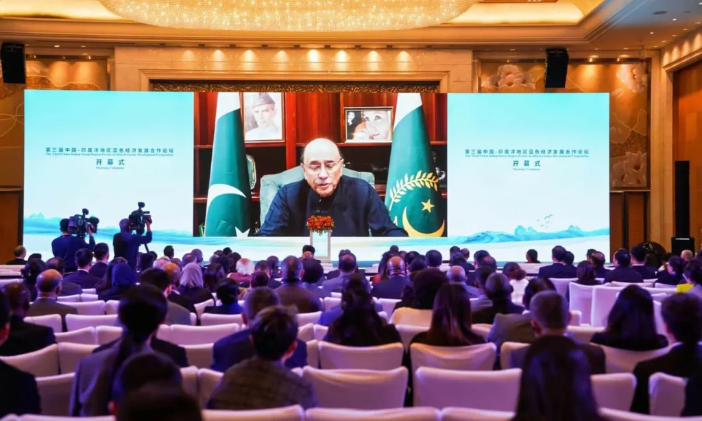 President Asif Ali Zardari delivers a video address at the 3rd China-Indian Ocean Region Forum on Blue Economy Cooperation in China.