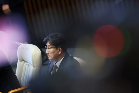 Kweon Seong-dong, South Korea’s ruling People Power Party floor leader, sits during the impeachment vote of acting President Han Duck-soo.