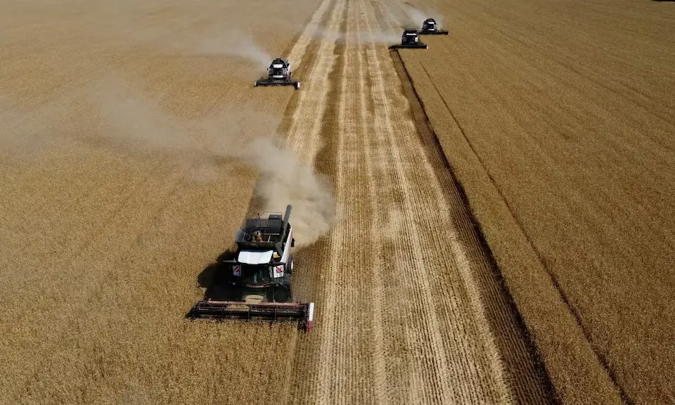 A drone view shows combines harvesting wheat in a field in the Rostov Region, Russia, on July 9, 2024.