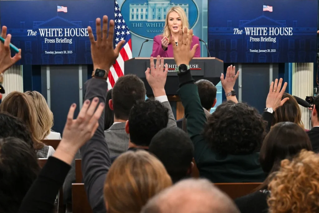 In January 2025, White House Press Secretary Karoline Leavitt addresses a daily briefing at the White House.